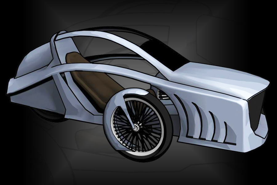 Elektromobīļa virsbūves skice. No šī trīsdimensionālā materiāla tika izveidots virsbūves prototips dabā, mērogā 1:1, lai veiktu šim auto ergonomikas, aerodinamikas u.c. testus. Elektromobīlis